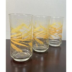 Set of 3 Tall Glasses Wheat Stalk Design Gold Overlay Drinkware Kitchen Barware